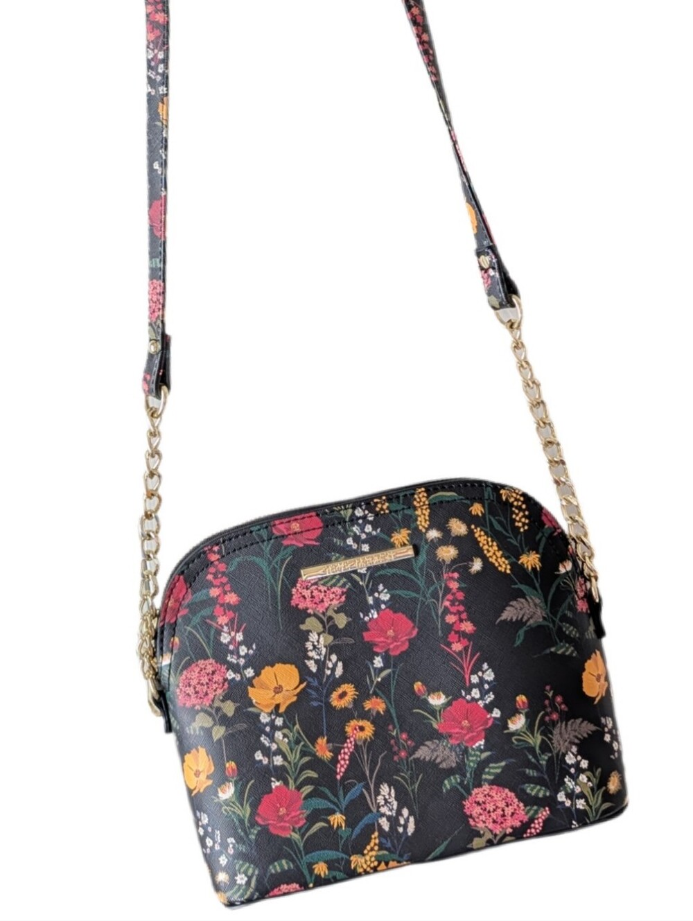 Steve Madden Ladies Black Floral Crossbody with Pink & Yellow Blooms